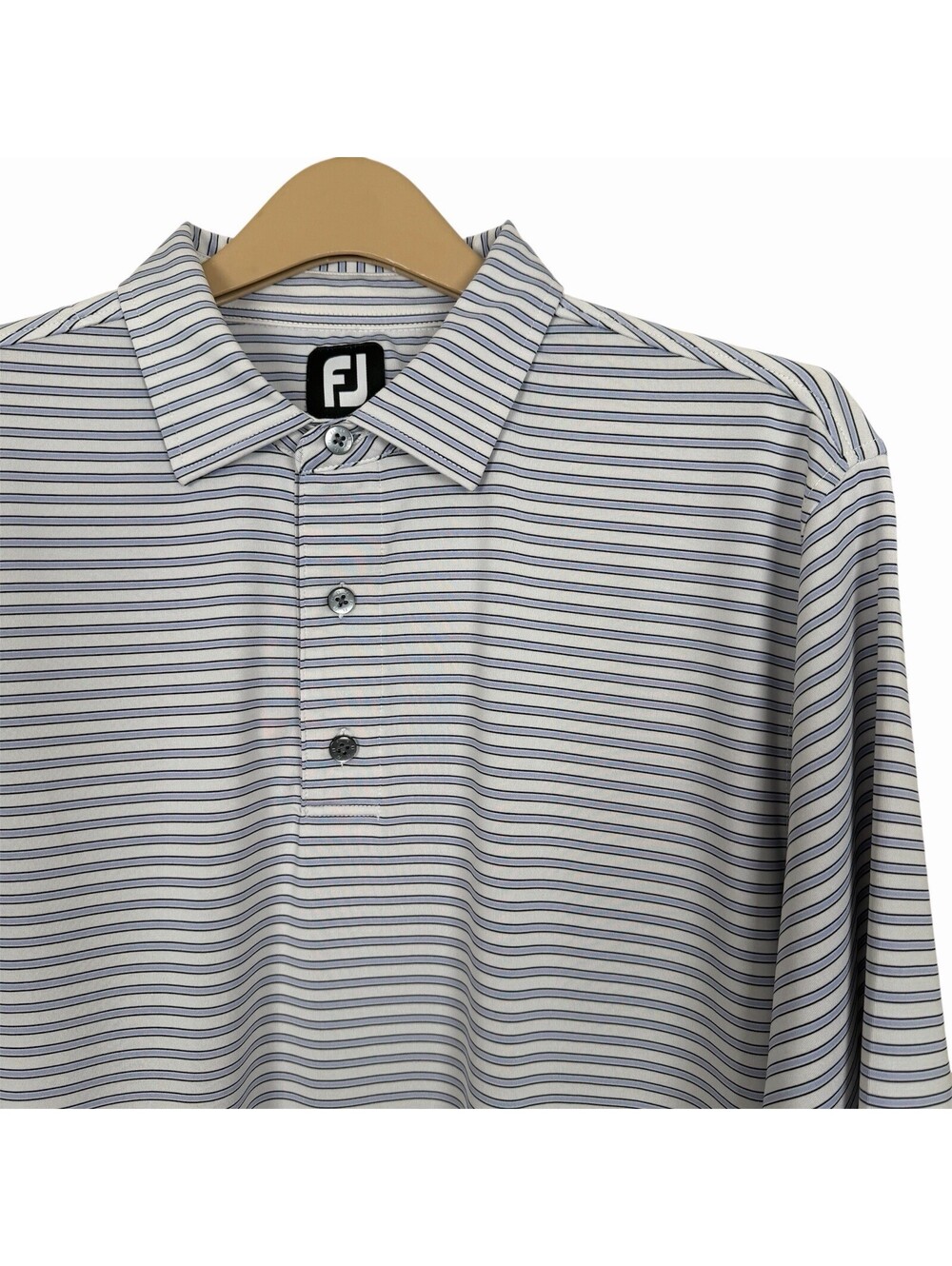 FootJoy Golf‎ Polo Shirt Mens Large Blue White Striped 3 button Short Sleeve